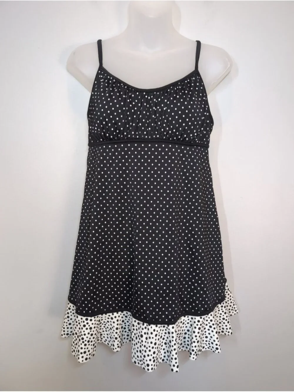 Mainstream Polka Dot Swim Dress Size 14 Black White Ruffle Hem Retro One Piece